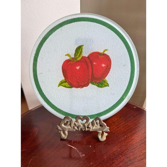 Vintage Glass Apple Cutting Board With Green Trim & MSR Imports Stand - Picture 1 of 7